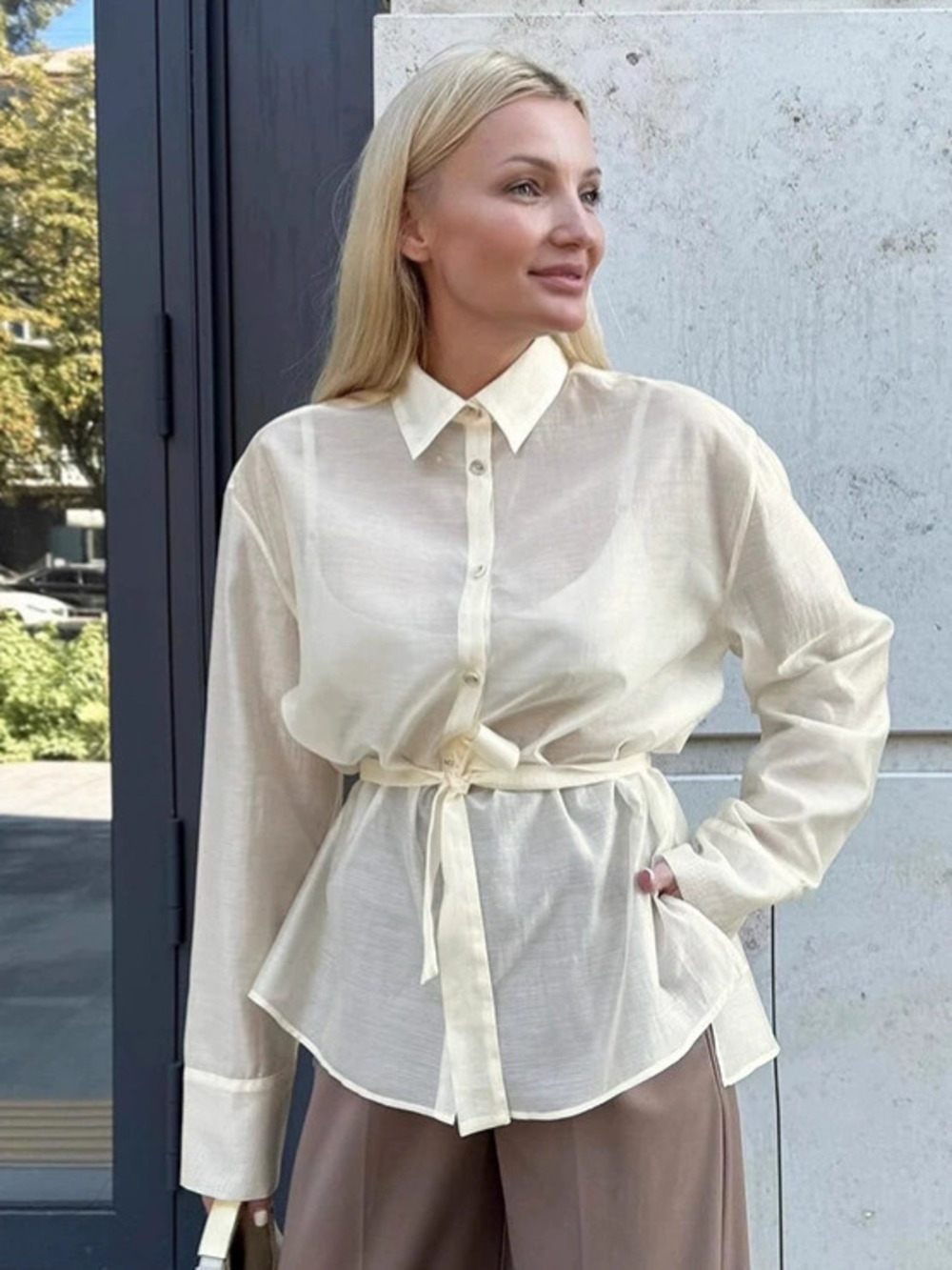 Forever 21 Soft Apricot Tie Neck Blouse Mid Length Tencel Autumn